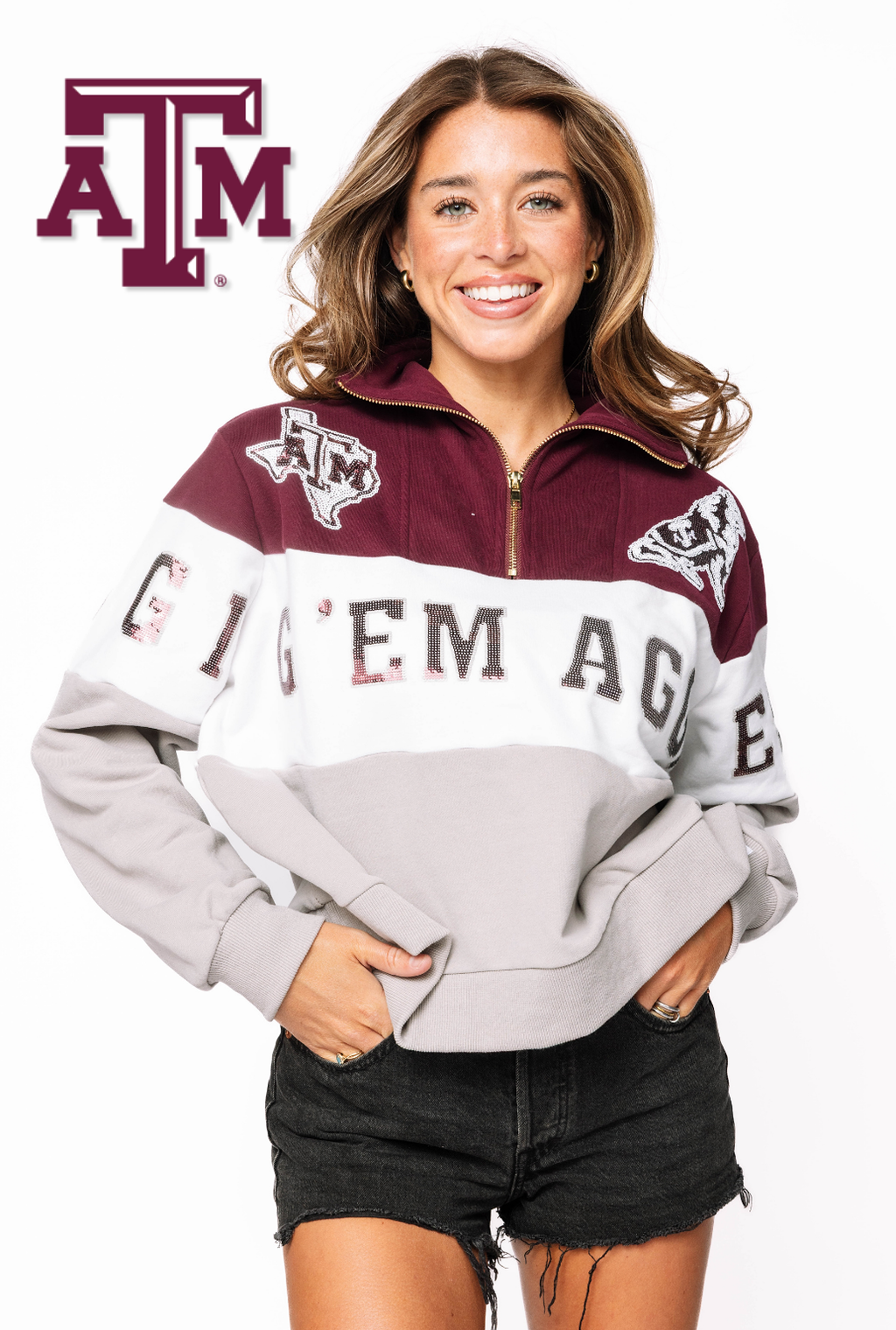 Licensed Texas A&M Quarter Zip Colorblock Sweatshirt