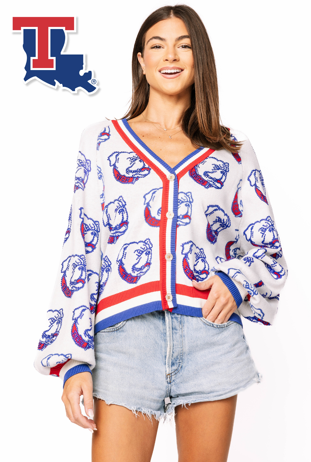 Licensed Sample - La Tech Knit in Mascot Rhinestone Cardigan