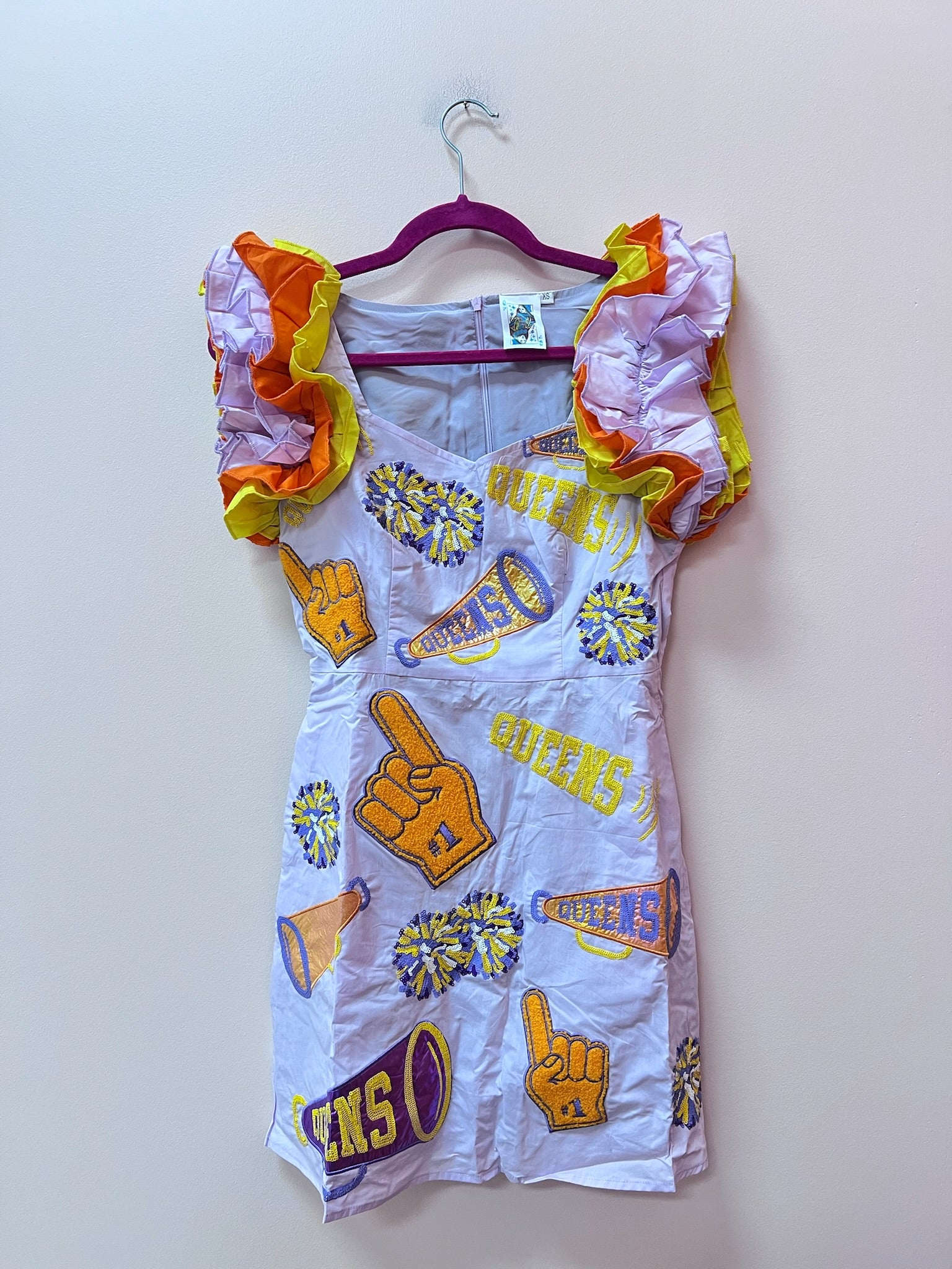 SAMPLE- LAVENDER, PURPLE & YELLOW CHEERS ICON RUFFLE DRESS