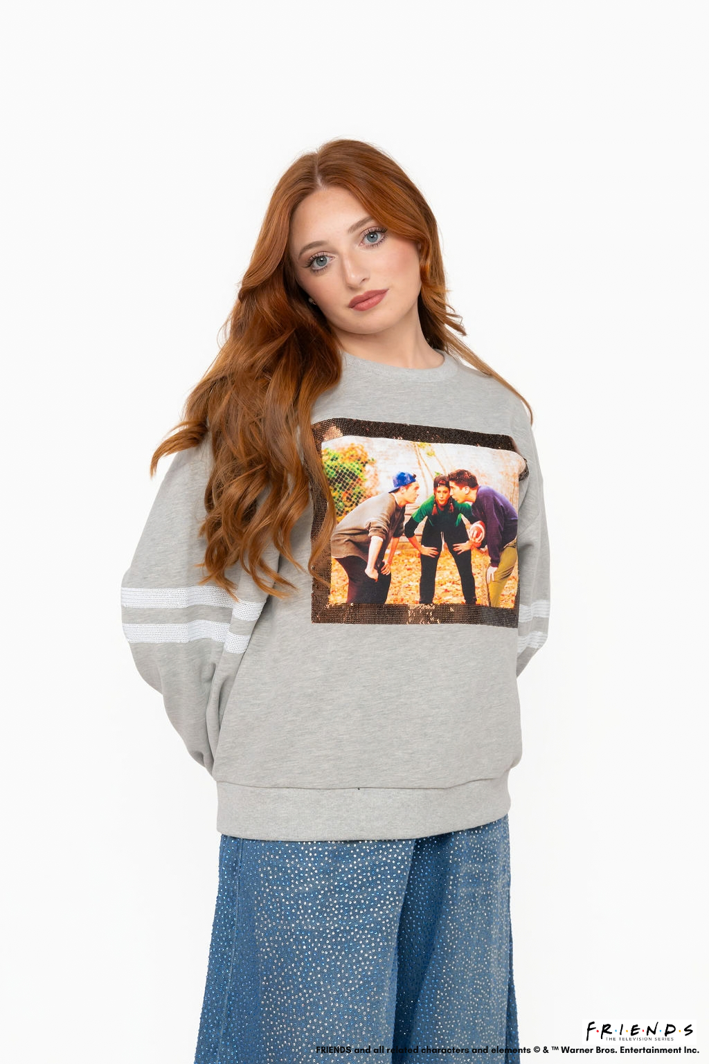 Licensed Grey FRIENDS™ Huddle Screen Print Sweatshirt with Arm Sport Stripe