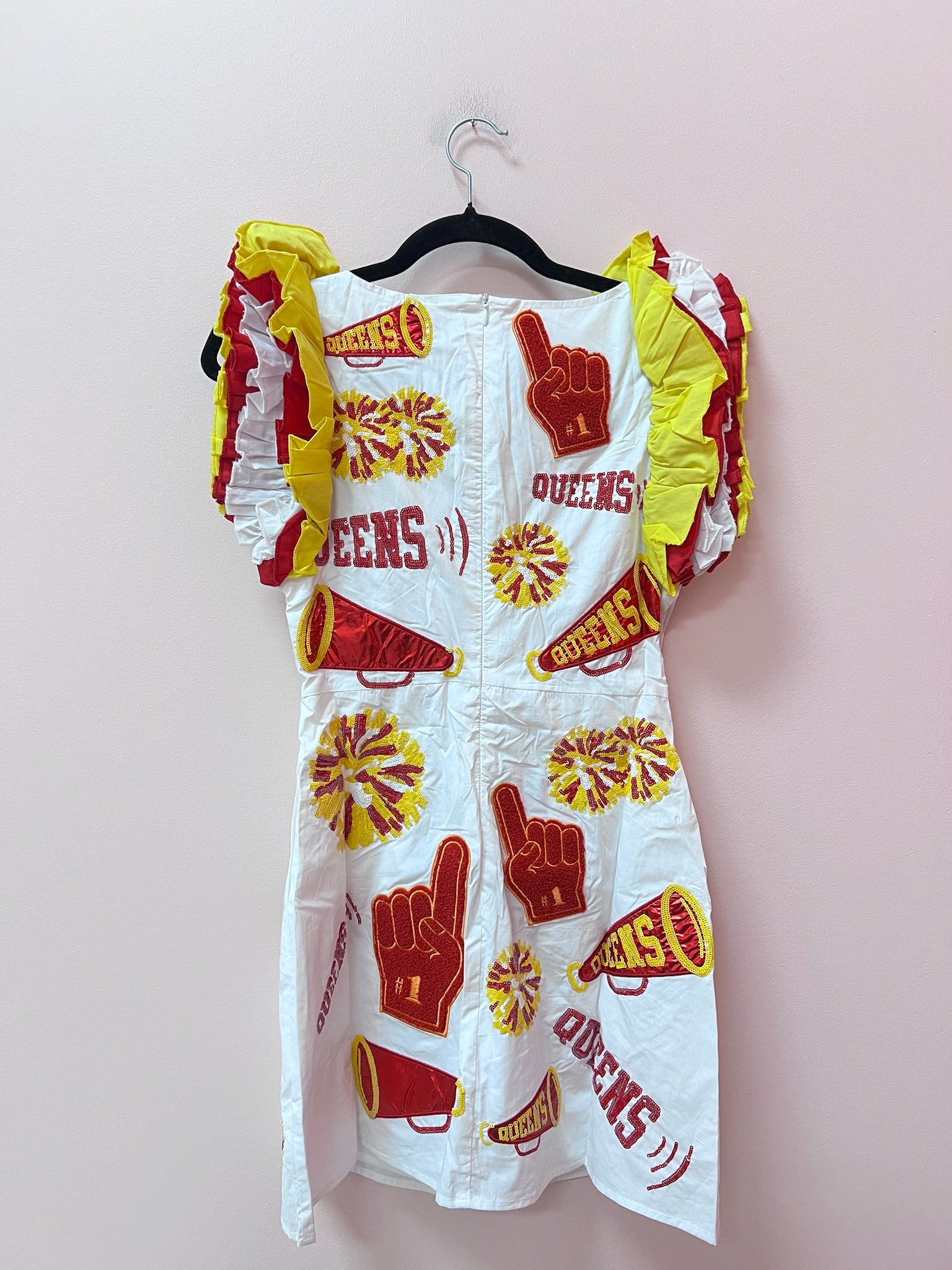 SAMPLE- WHITE, RED & YELLOW CHEERS ICON RUFFLE DRESS