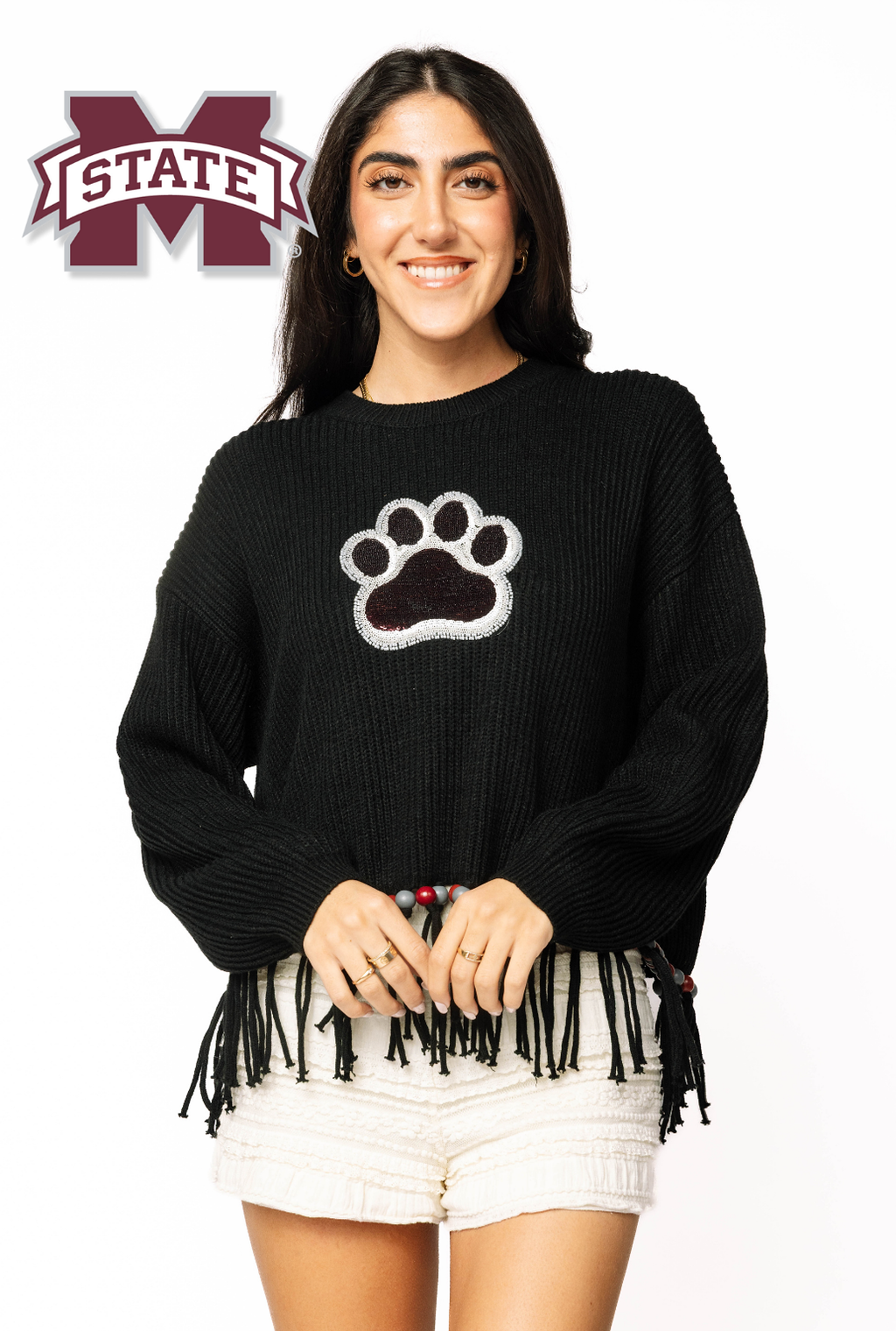 Licensed Sample - Miss State Fringe Bead LS Sweater