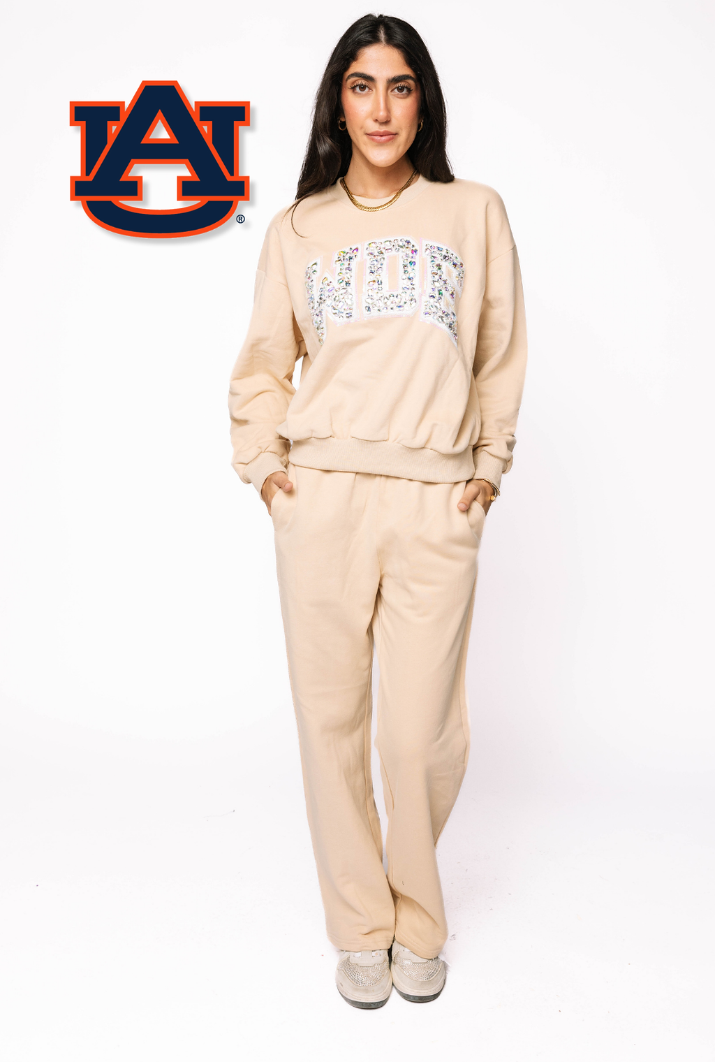 Licensed Sample - Auburn Tan W/White Jewel Letter Sweatshirt and Sweatpants SET