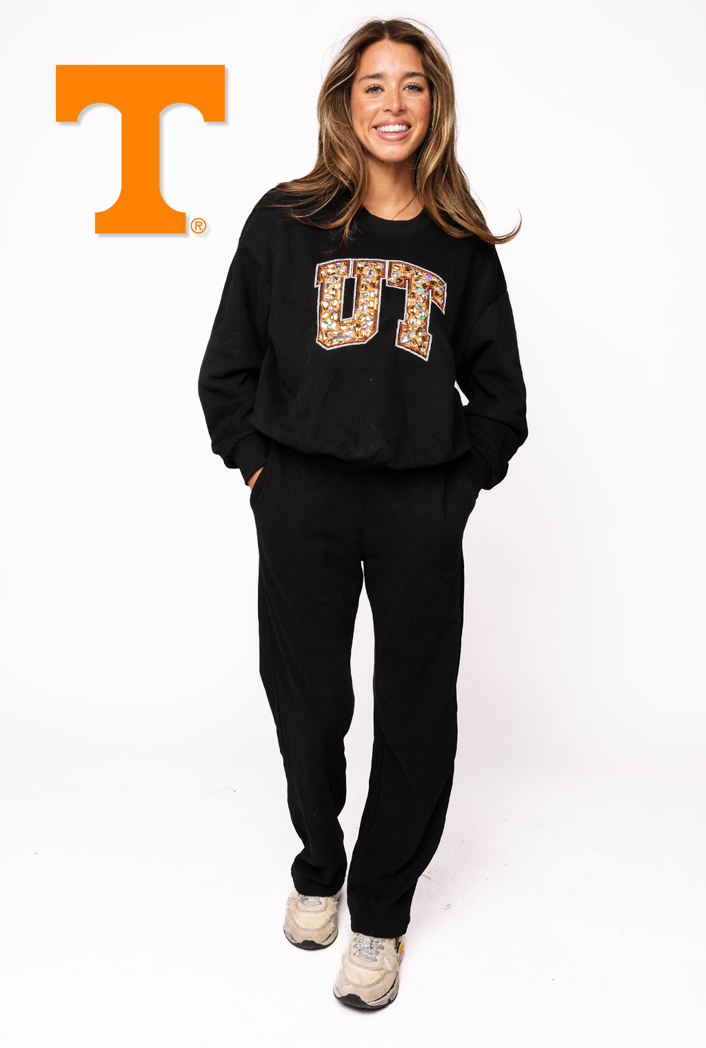Licensed Sample - Tennessee Black W/ Multi Jewel Letter Sweatshirt/Pant SET
