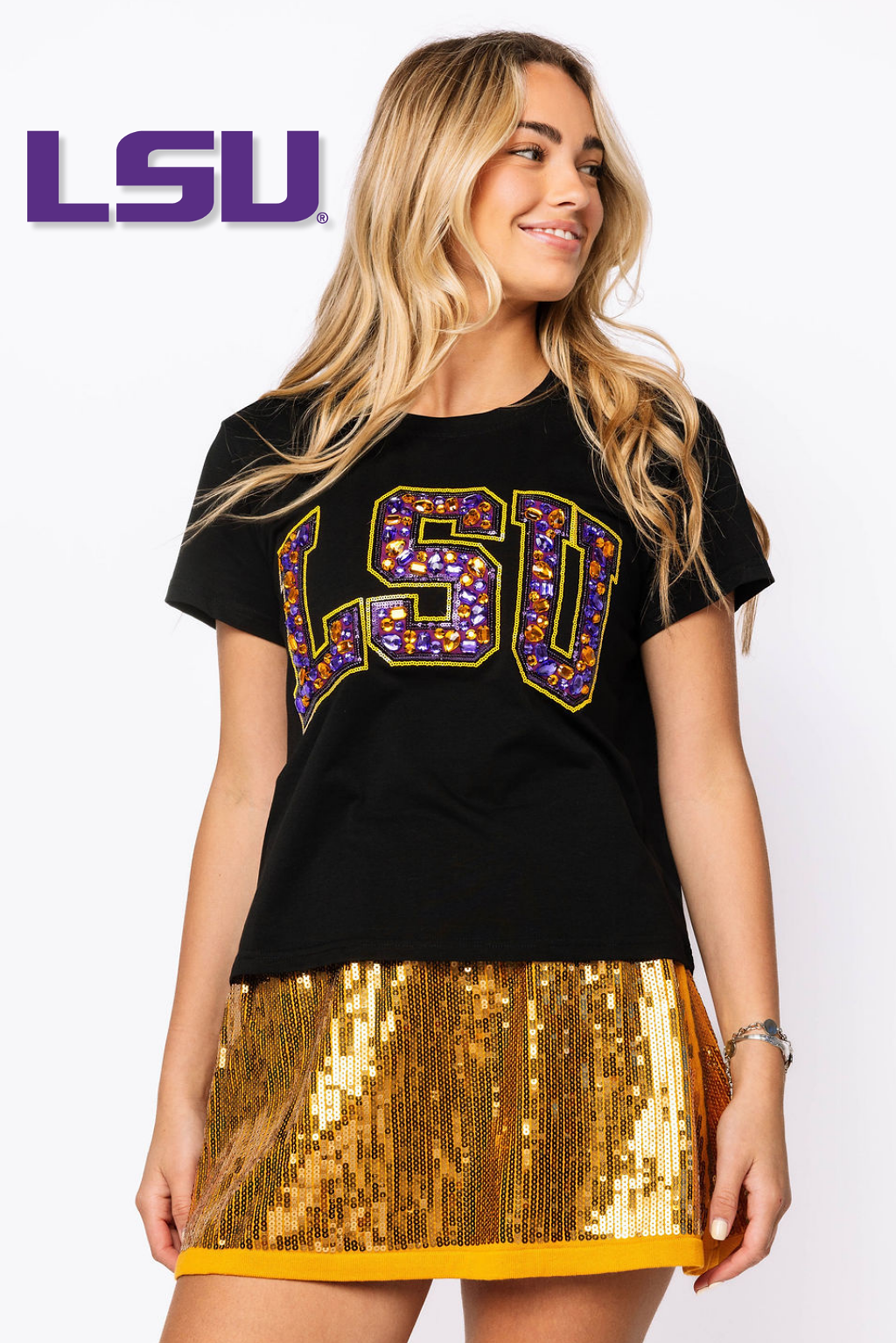 Licensed 'LSU' Black with Multi Jewel Letter Tee