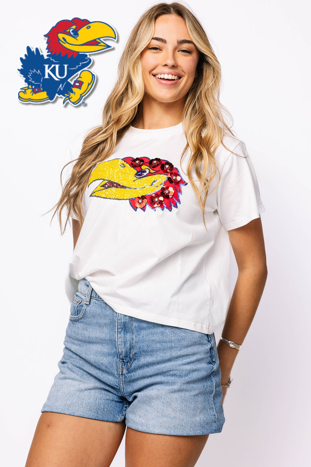 Licensed Kansas Mascot Sequin Flower Tee