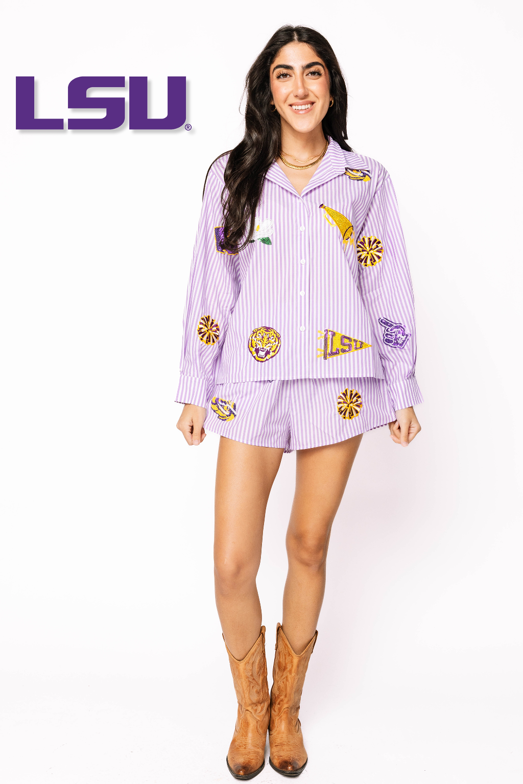 Licensed LSU Mini Icon Striped Button Down Long Sleeve Top