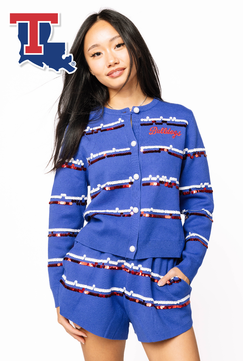 Licensed Sample - La Tech Full Sequin Skinny Stripe Cardigan/Short SET