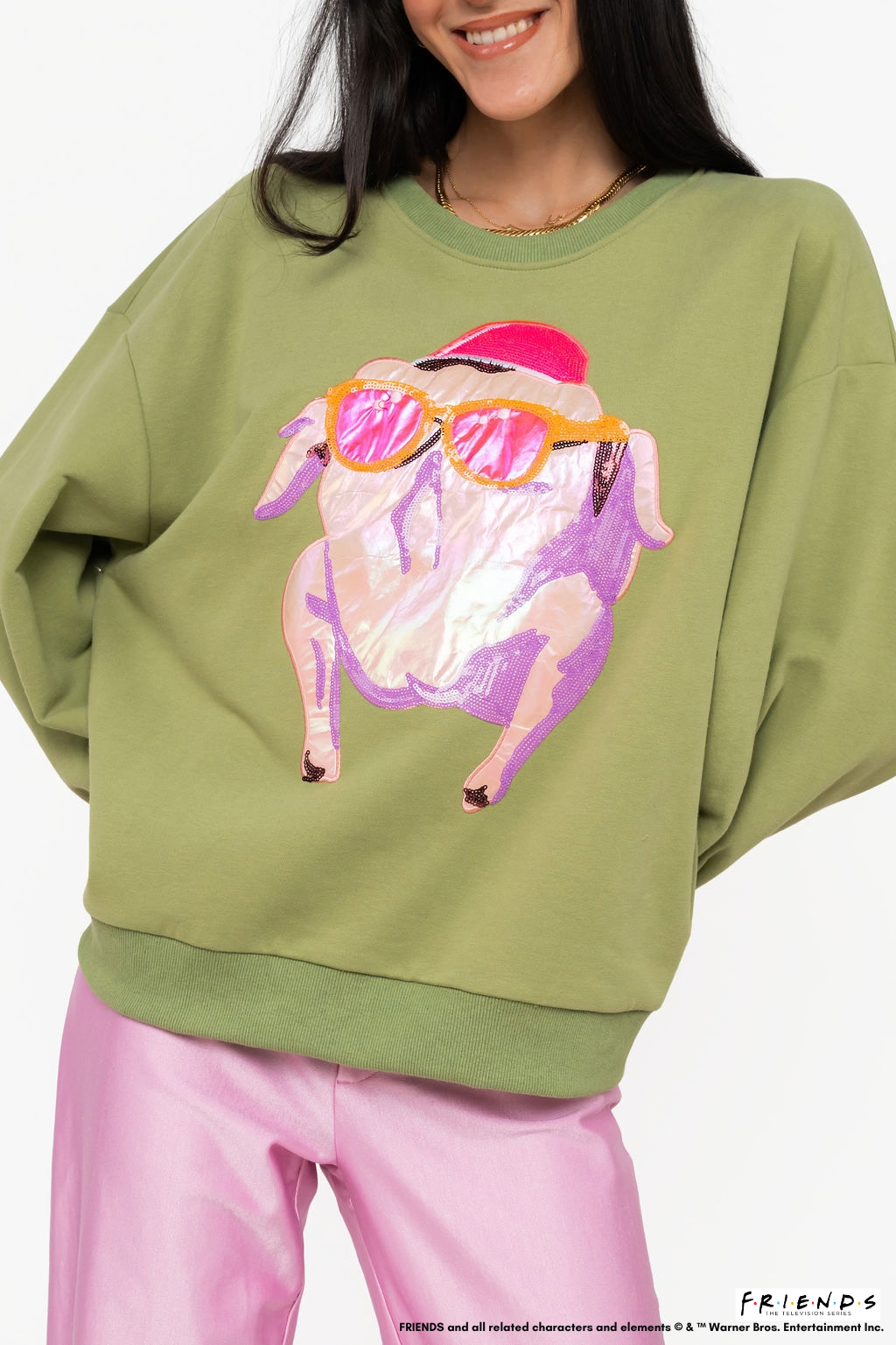 Licensed Green FRIENDS™ Metallic & Sequin Turkey with Sunglasses Sweatshirt