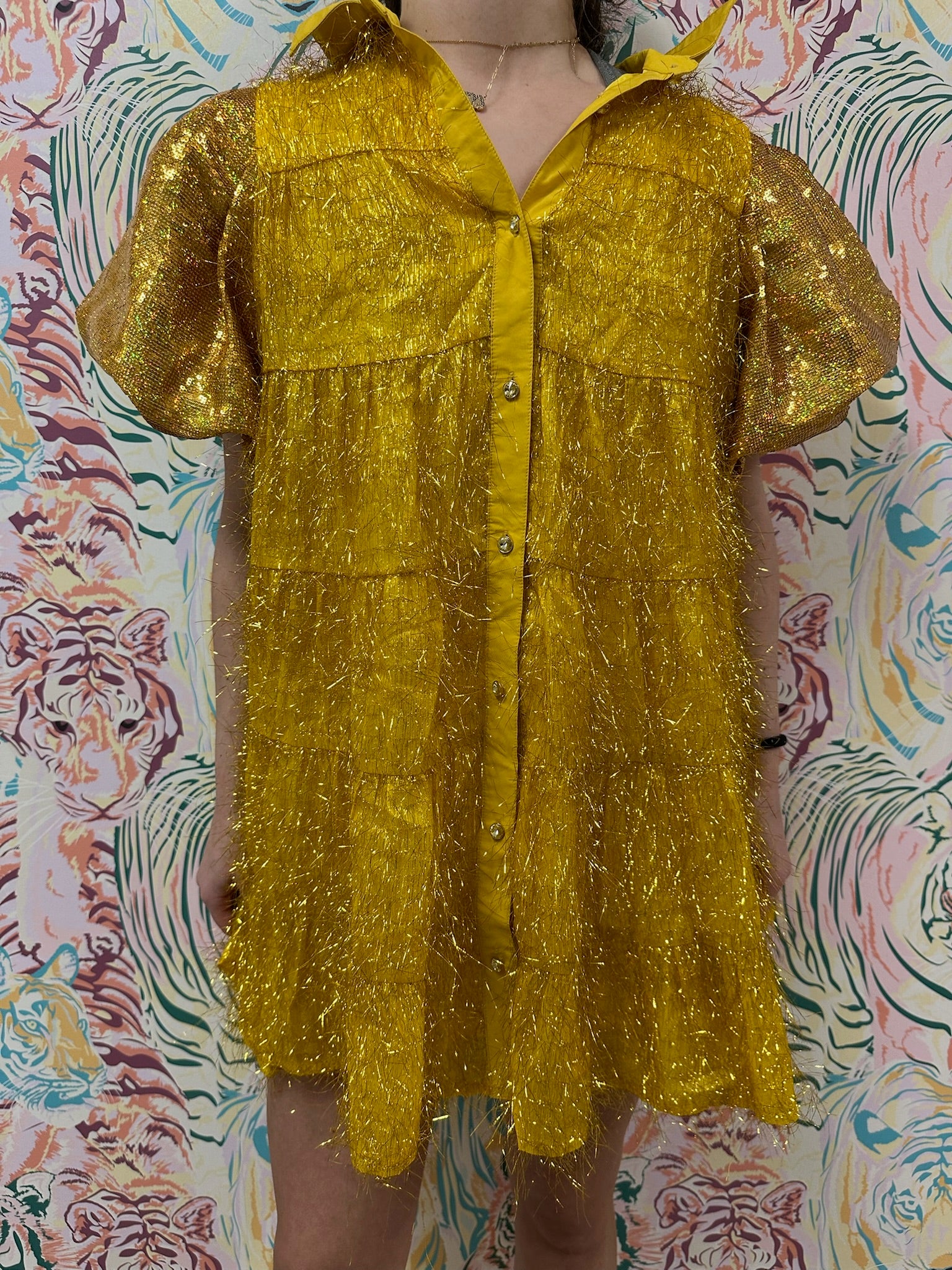 SAMPLE- Gold Tinsel Sequin Sleeve Dress