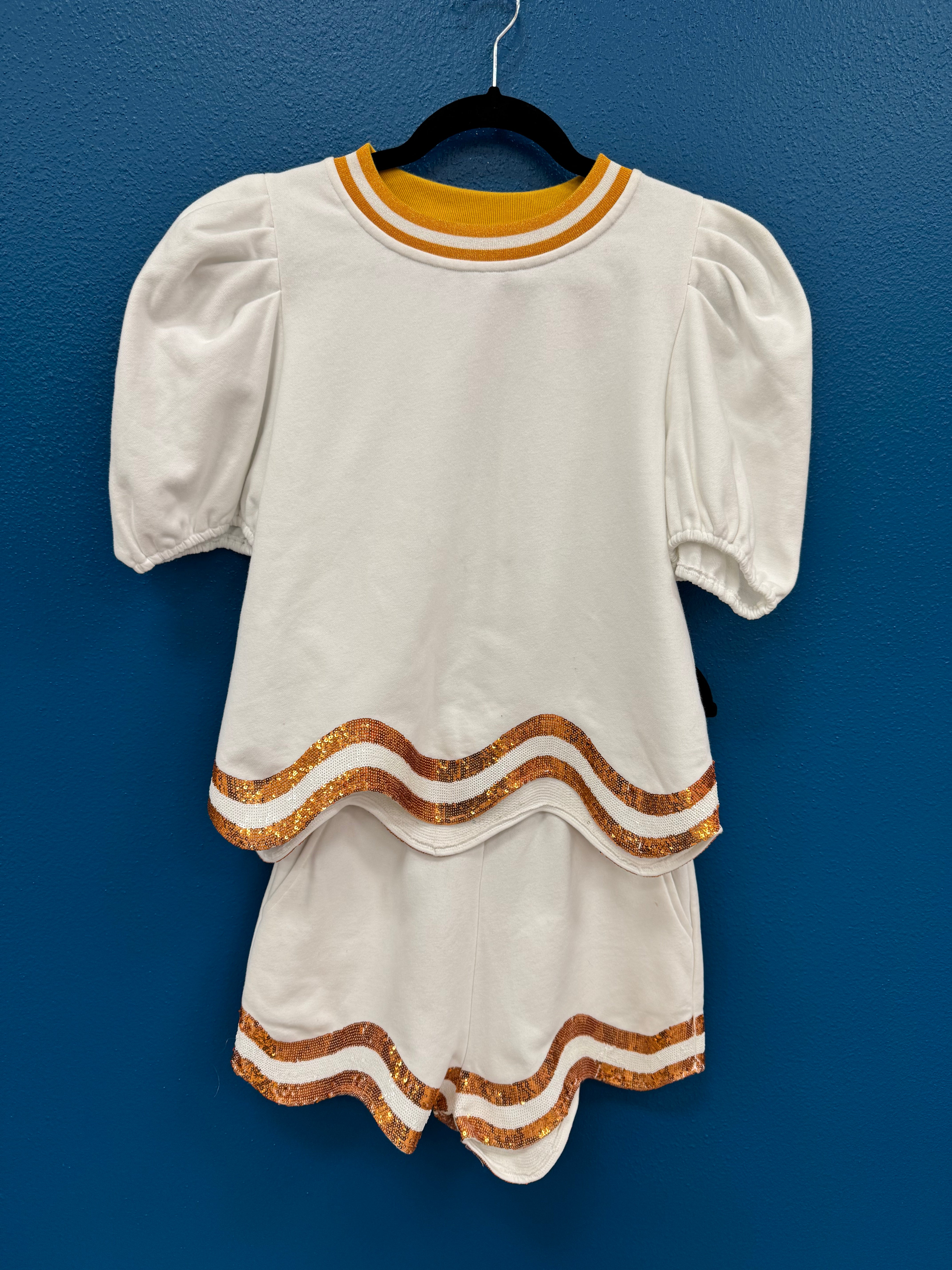 SAMPLE- White & Orange Poof Sleeve Wavy Top/Short SET