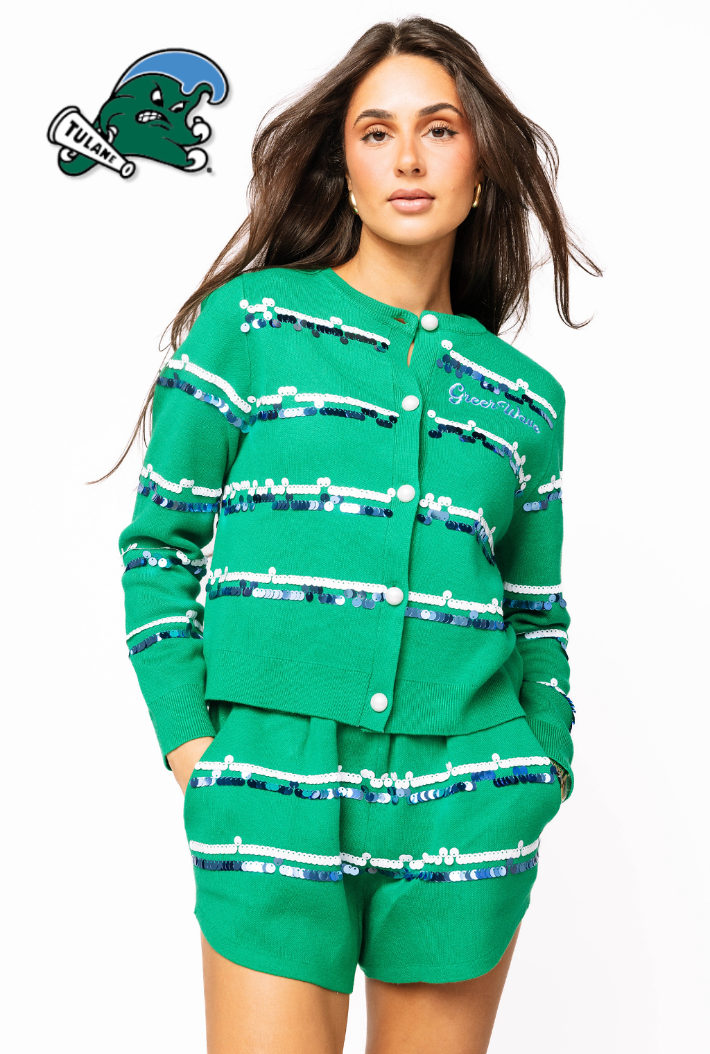 Licensed Sample - Tulane Full Sequin Skinny Stripe Cardigan/Short SET