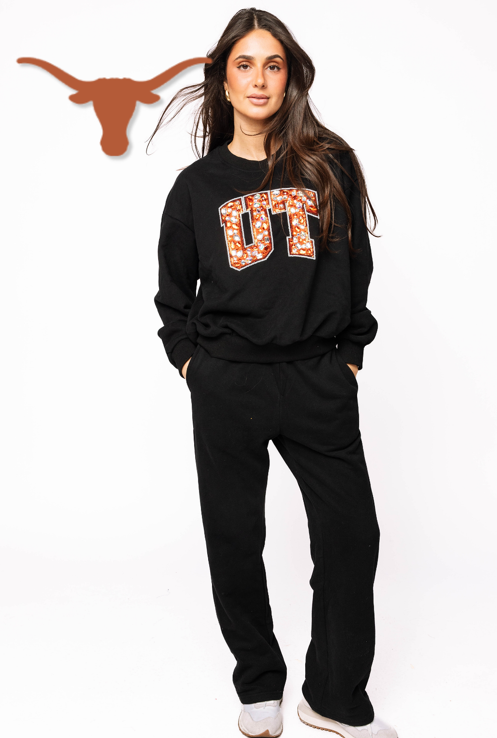 Licensed Sample - Texas Black W/ Multi Jewel Letter Sweatshirt/Pant SET