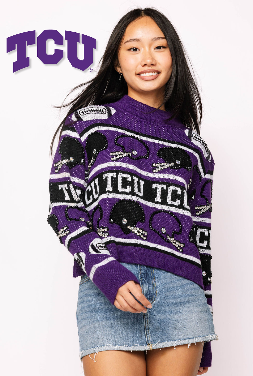Licensed Sample - TCU Vintage Football Helmet Stripe Turtle Neck Sweater