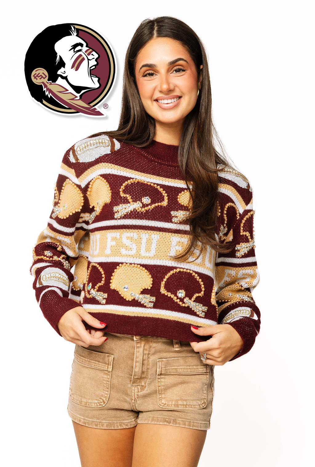 Licensed Sample - FSU Vintage Football Helmet Stripe Turtle Neck Sweater
