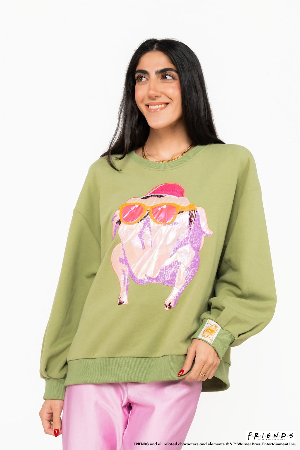 Licensed Green FRIENDS™ Metallic & Sequin Turkey with Sunglasses Sweatshirt
