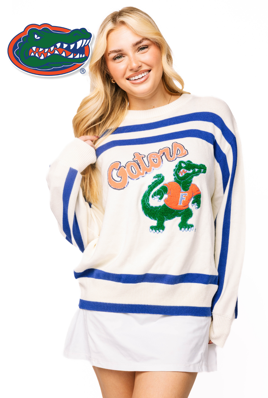 Licensed Sample -  White & Royal 'Gators' Stripe Long Sleeve Sweater