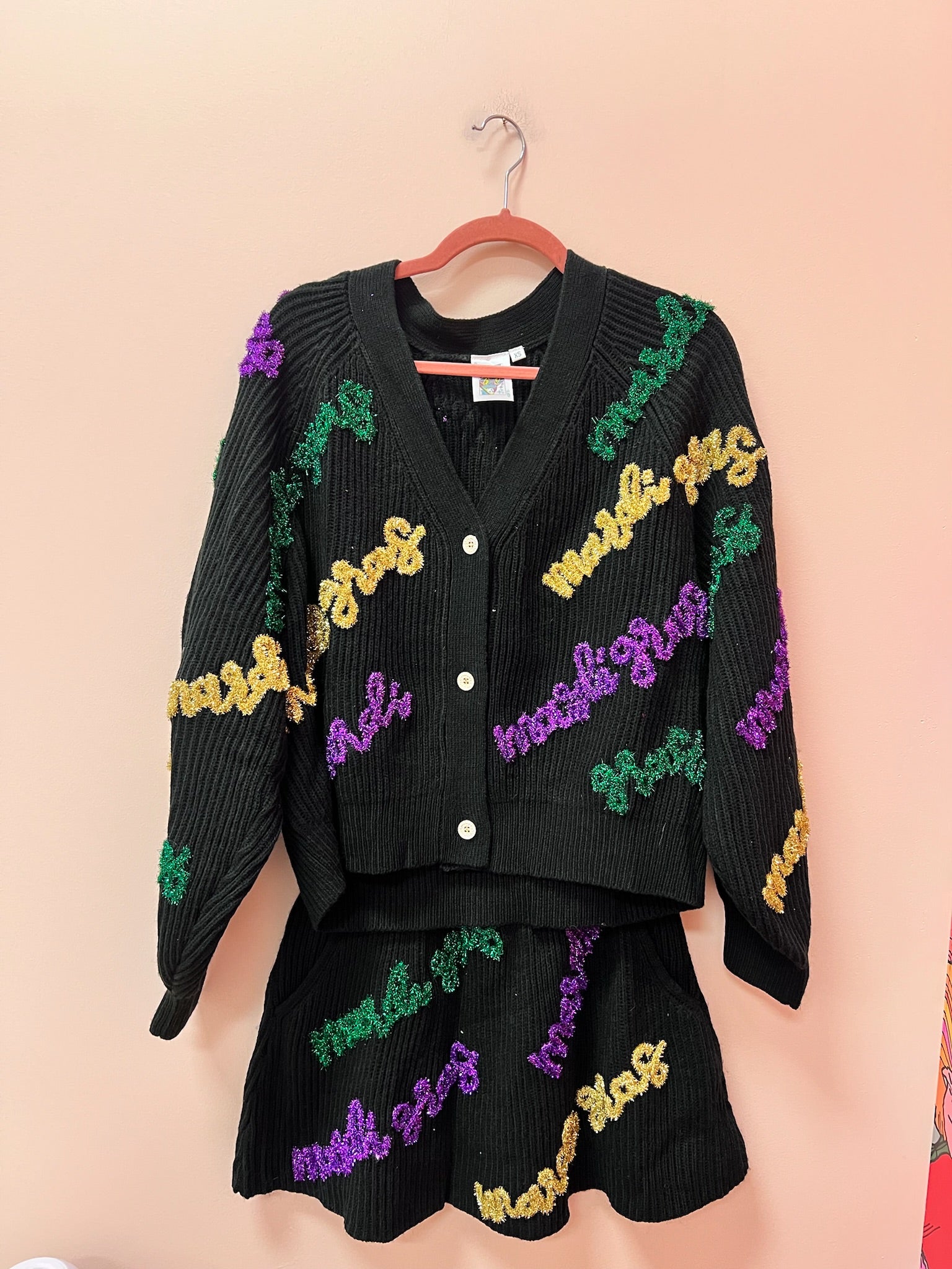 SAMPLE- BLACK MARDI GRAS WORDS CARDIGAN/SKIRT SET