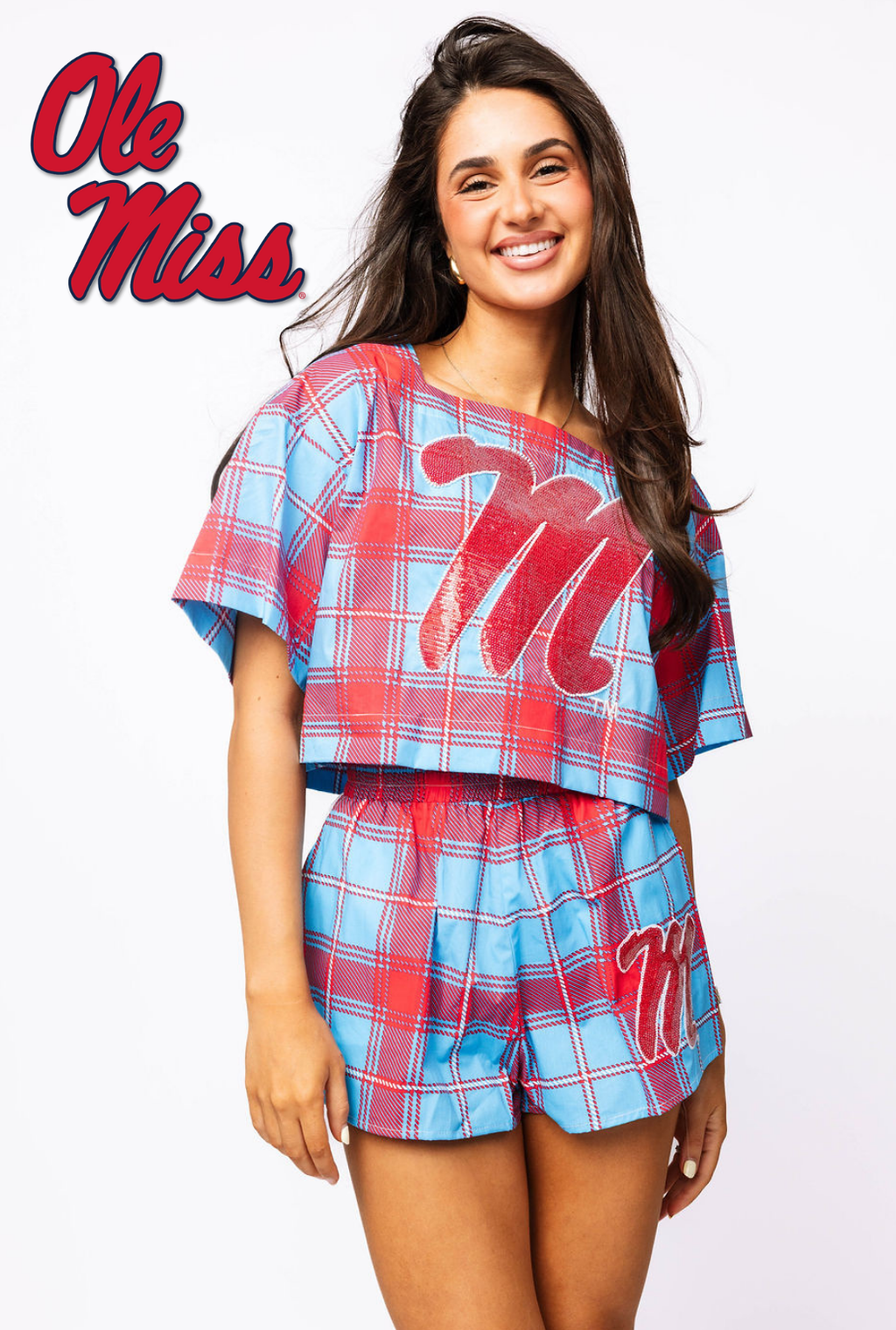 Licensed Sample - Ole Miss Plaid Tie Back Cotton Top and Shorts Set
