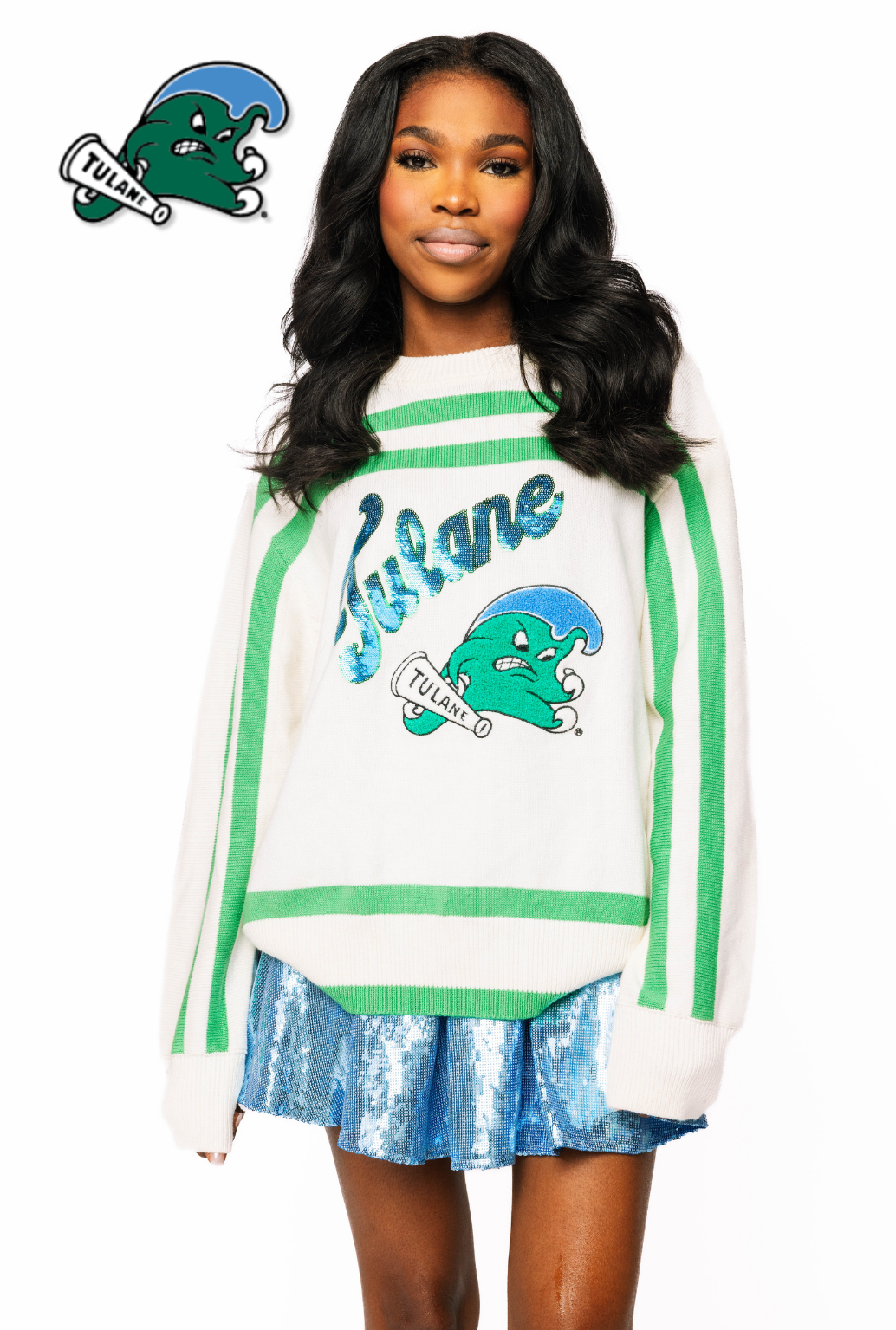 Licensed Sample - White & Green 'Tulane' Stripe Long Sleeve Sweater