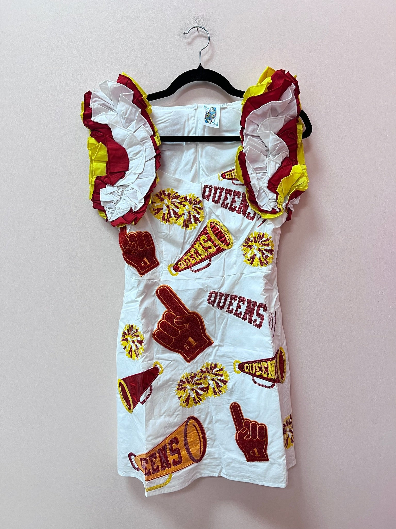 SAMPLE- WHITE, RED & YELLOW CHEERS ICON RUFFLE DRESS