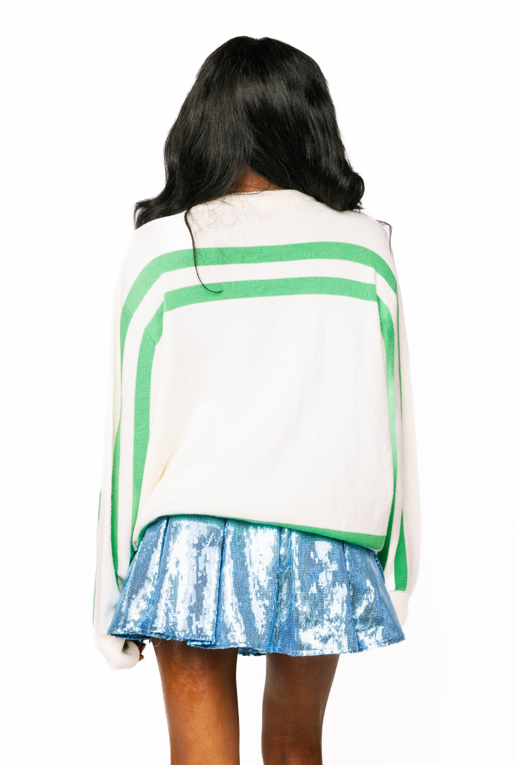 Licensed Sample - White & Green 'Tulane' Stripe Long Sleeve Sweater