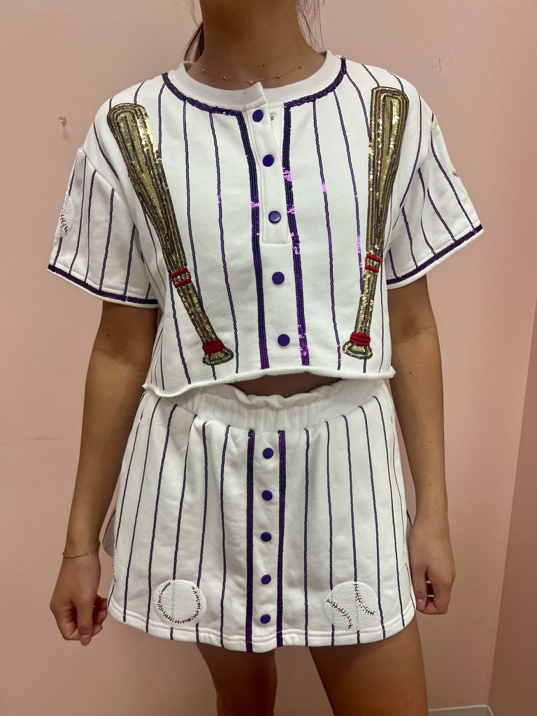 SAMPLE- Purple & White Pinstripe Baseball Top/Skort SET