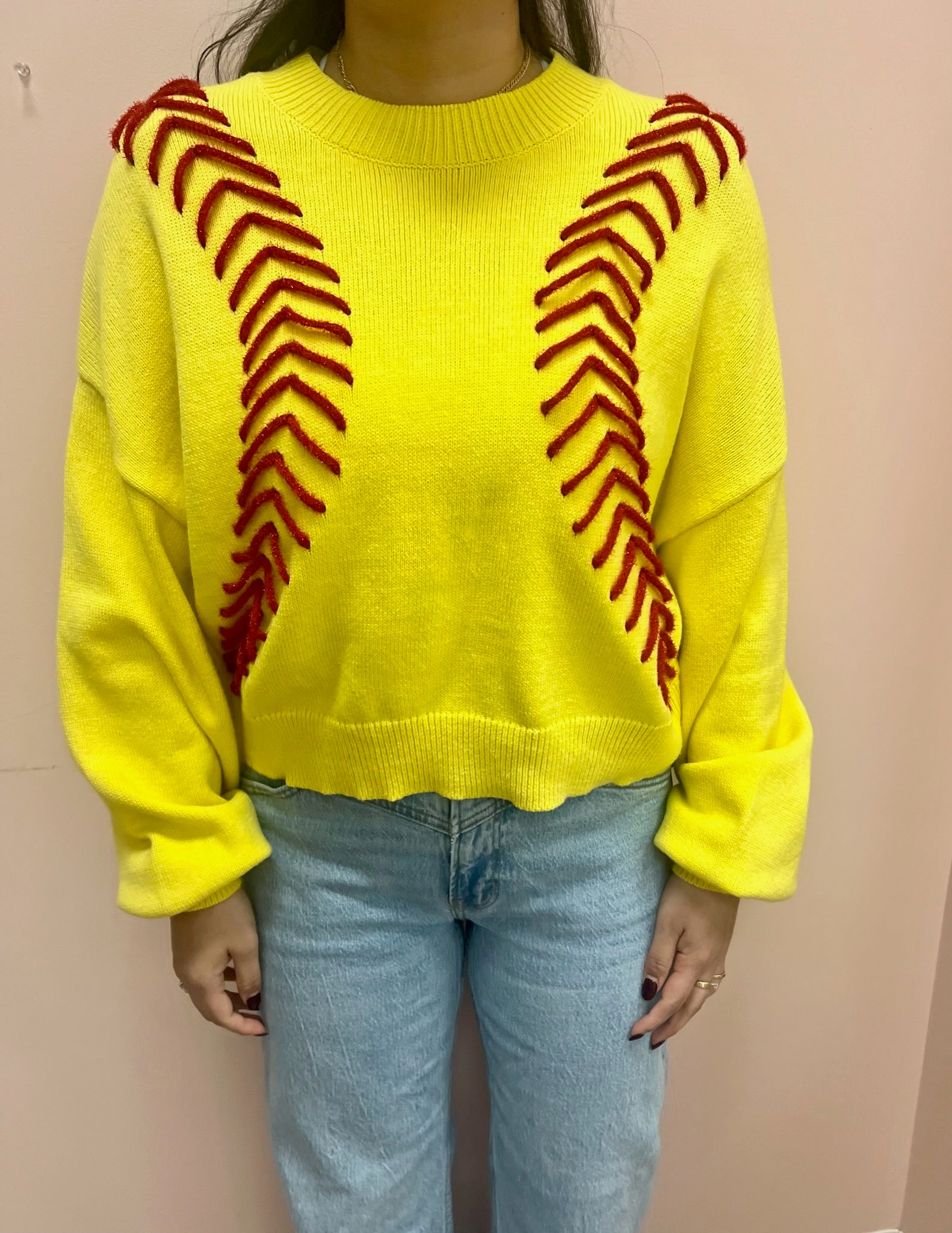 SAMPLE- Neon Yellow Softball Stitch Long Sleeve Sweater