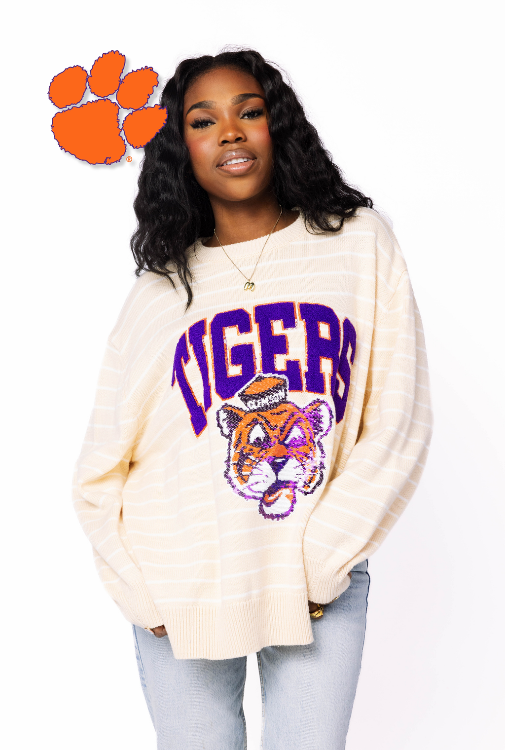 Licensed Sample -  Clemson Beige Stripe Vintage Team Sweater