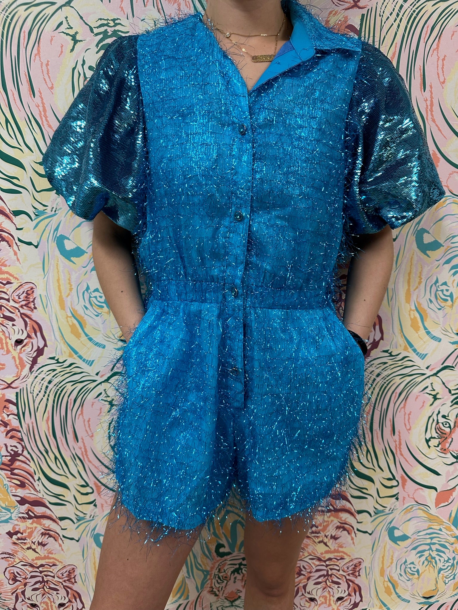 SAMPLE- Aqua Tinsel Sequin Sleeve Romper