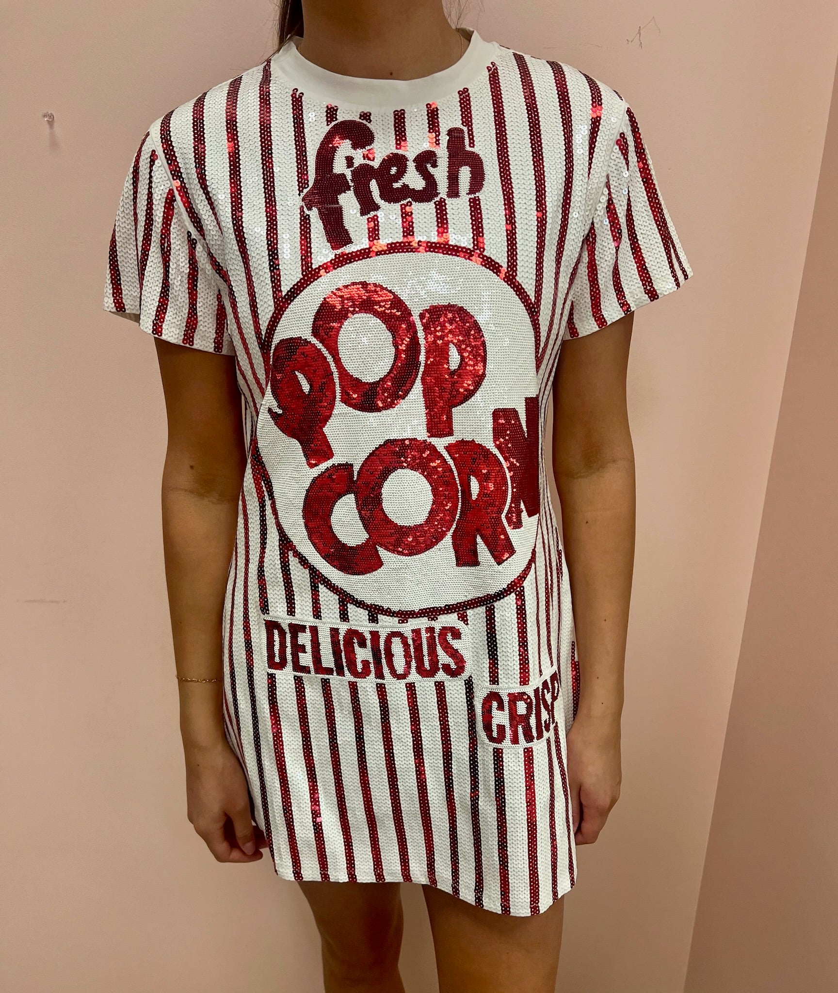 SAMPLE- White & Red Full Sequin Popcorn Tee Dress