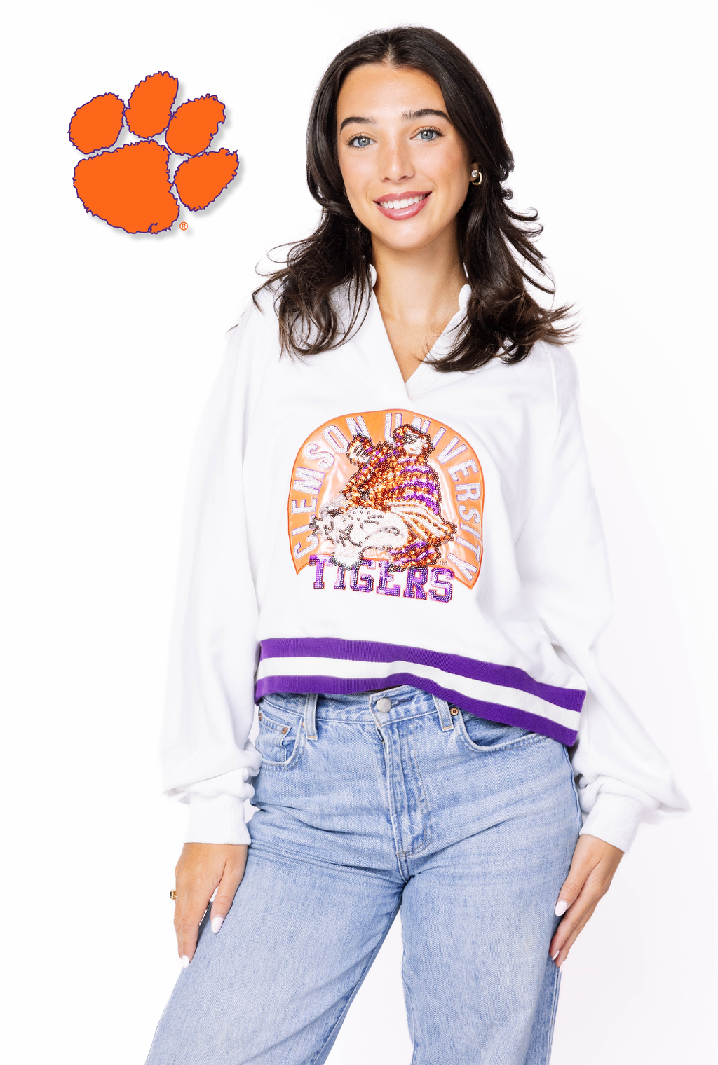 Licensed Sample - Clemson Striped Collar Circular Mascot Sweater