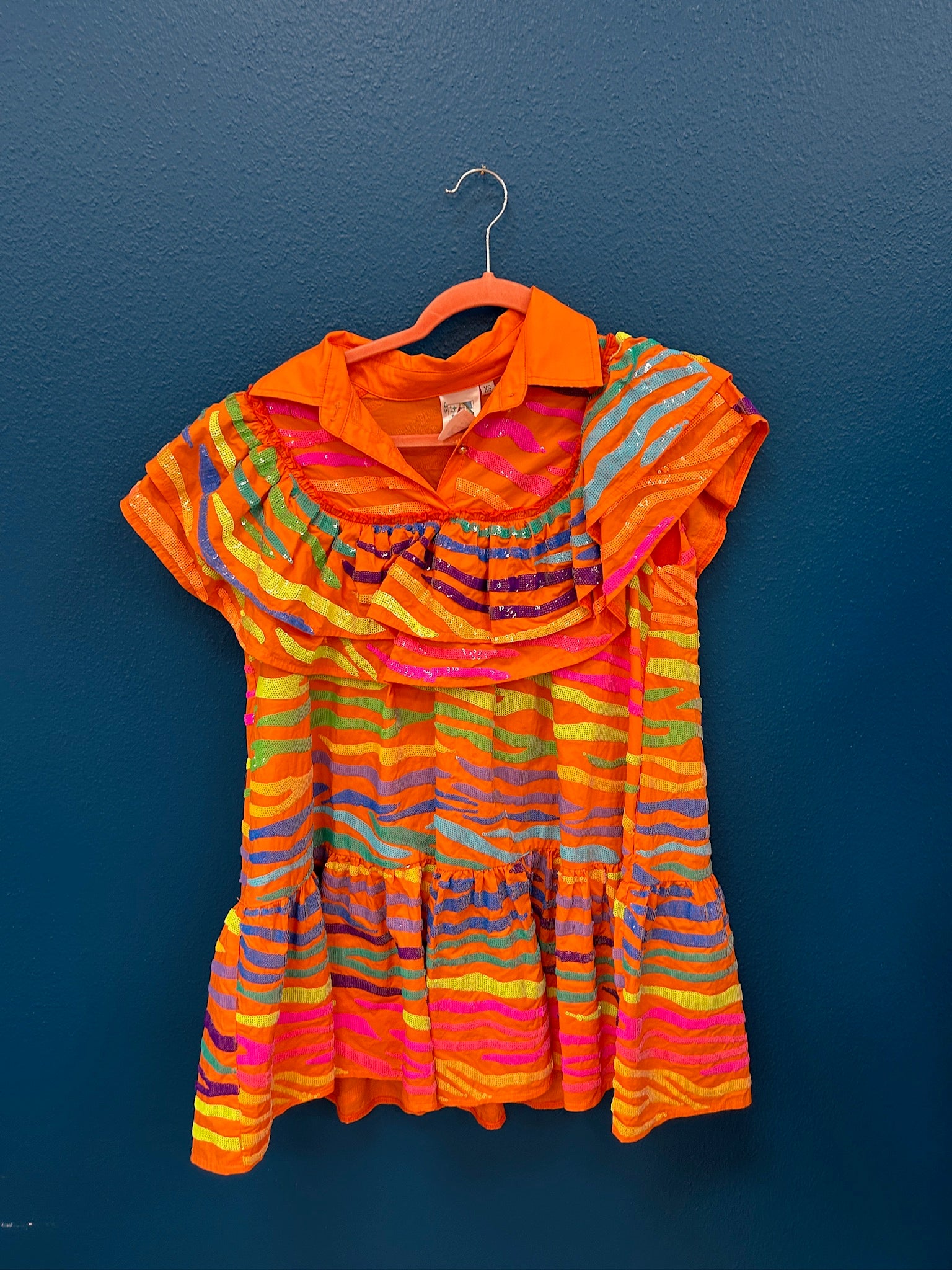 SAMPLE-  Orange & Neon Tiger Stripe Ruffle Dress