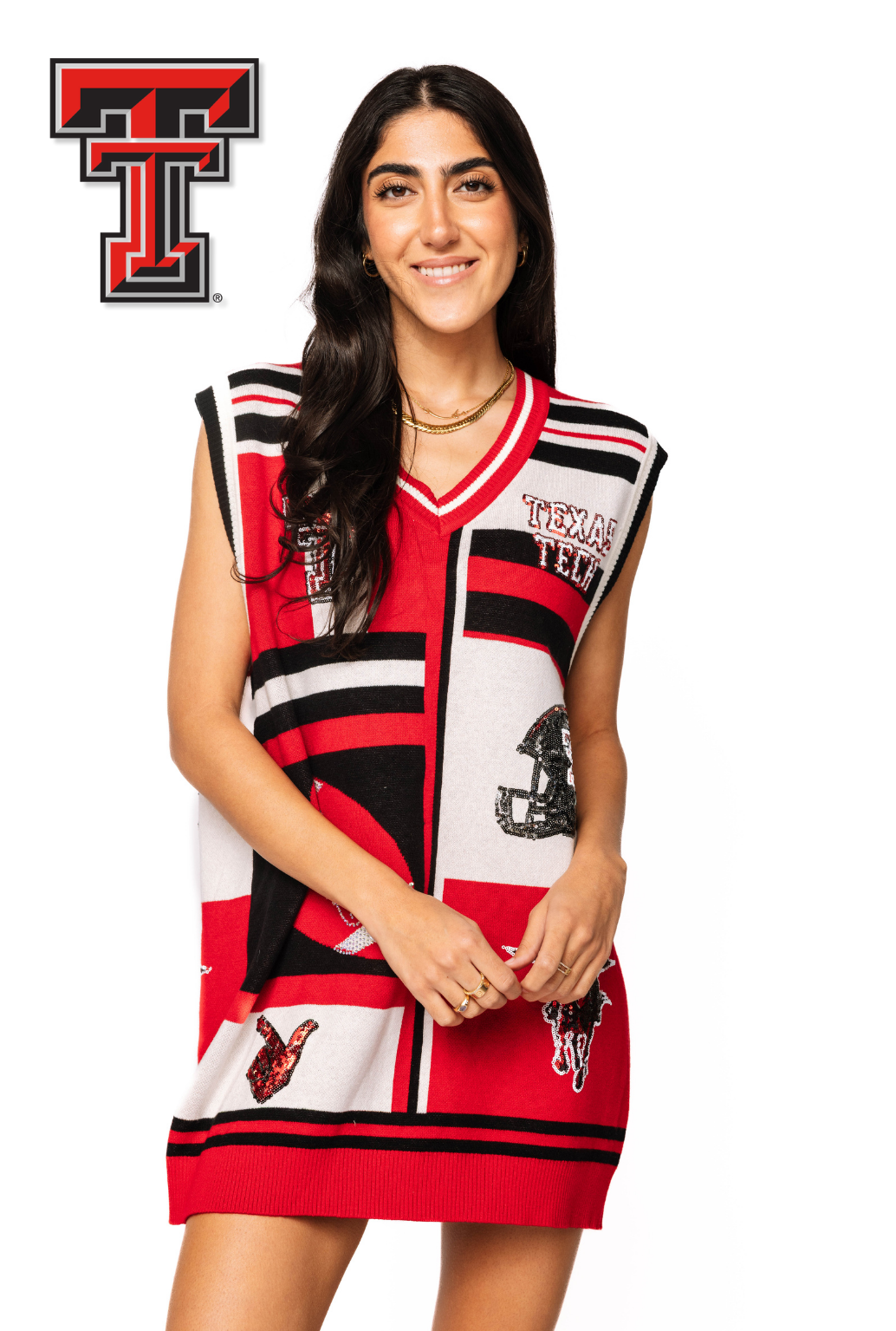 Licensed Sample - White, Red & Black Texas Tech Icon Cardigan Tank Dress