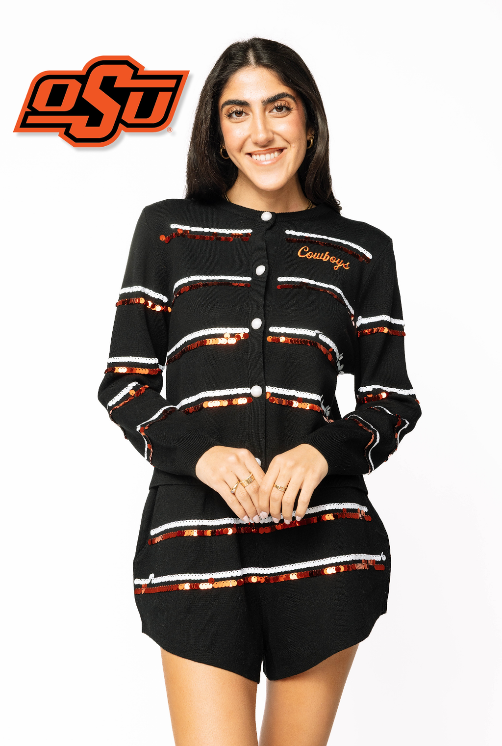 Licensed Sample - OSU Full Sequin Skinny Stripe Cardigan/Short SET