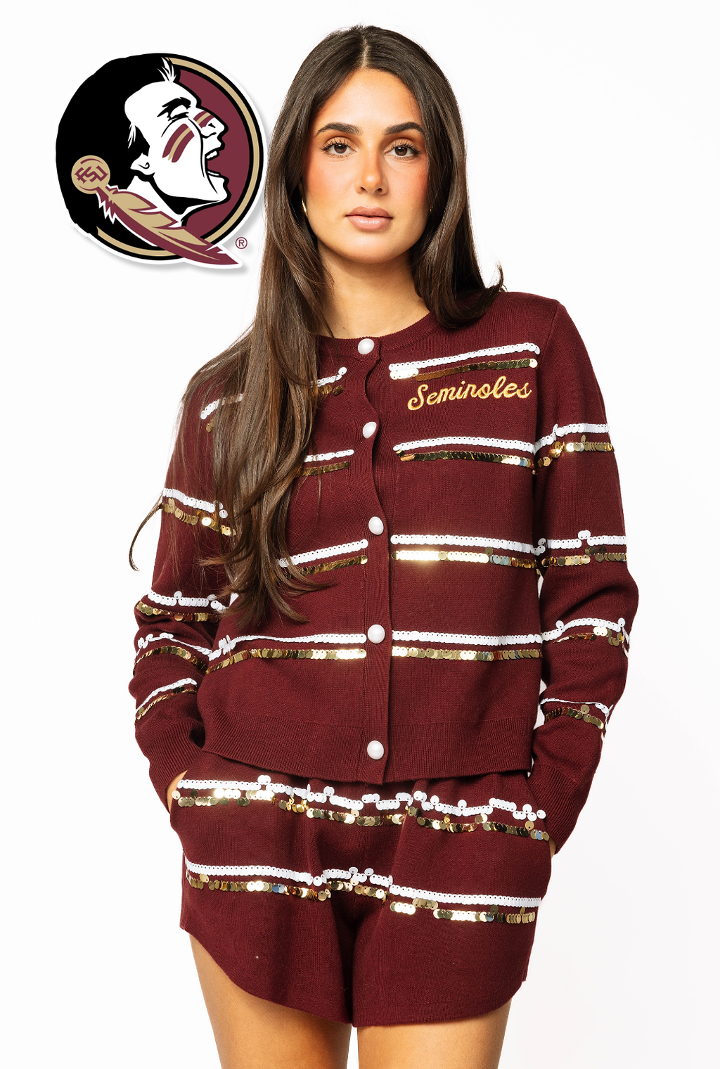 Licensed Sample - FSU Full Sequin Skinny Stripe Cardigan/Short SET
