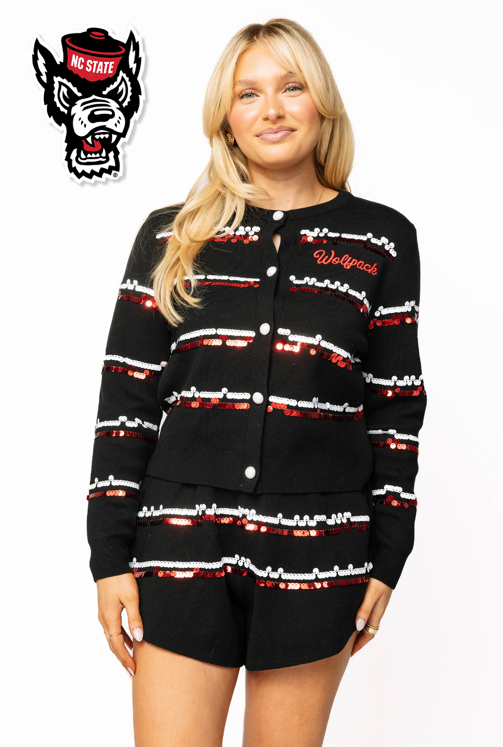 Licensed Sample - NC State Full Sequin Skinny Stripe Cardigan/Short SET
