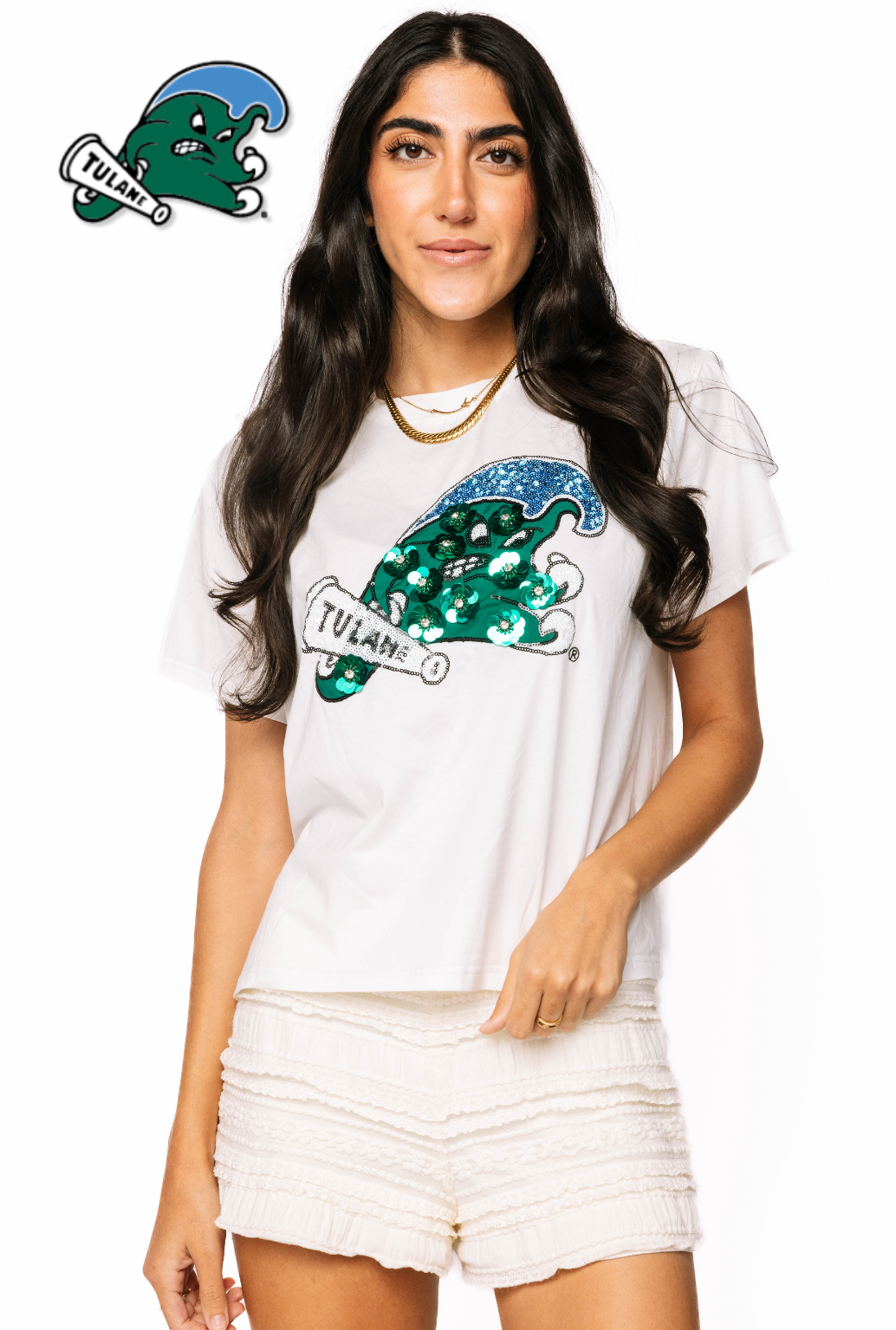 Licensed Sample - Tulane Mascot Sequin Flower Tee
