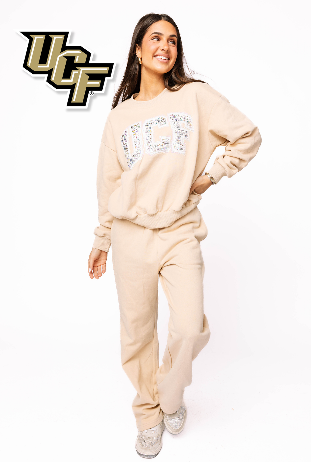 Licensed Sample - UCF Tan W/ White Jewel Letter Sweatshirt/Pant SET