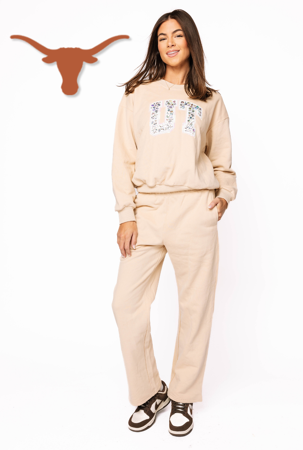 Licensed Sample - Texas Tan W/ White Jewel Letter Sweatshirt/Pant SET