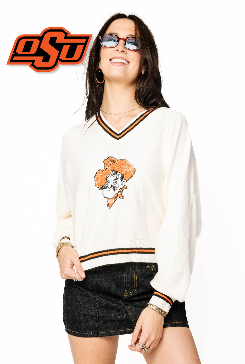 Licensed Sample - OK State V Neck Striped Cuff LS Sweater with Small Mascot