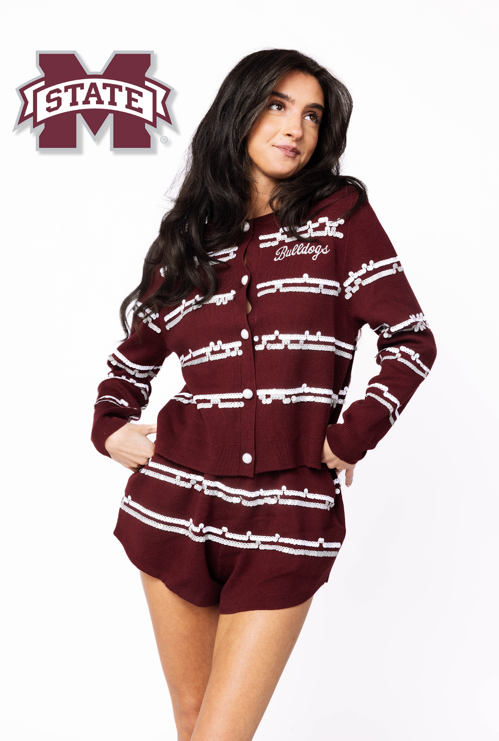 Licensed Sample - Miss State Full Sequin Skinny Stripe Cardigan/Short SET