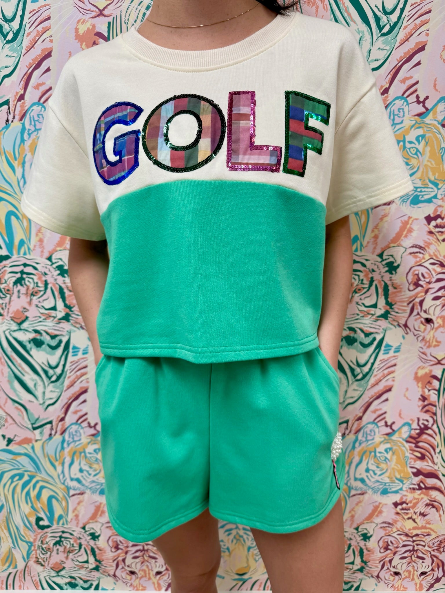 SAMPLE- GREEN & BEIGE PLAID GOLF TOP/SHORT SET