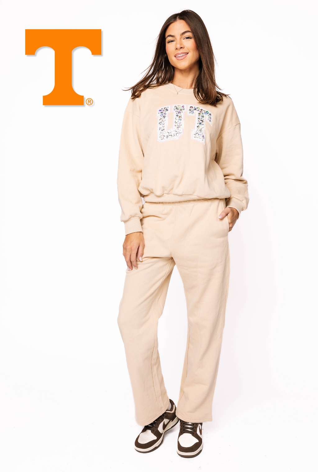 Licensed Sample - Tennessee Tan W/ White Jewel Letter Sweatshirt/Pant SET