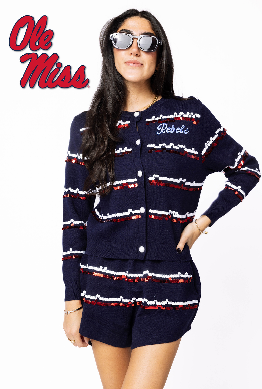 Licensed Sample - Ole Miss Full Sequin Skinny Stripe Cardigan/Short