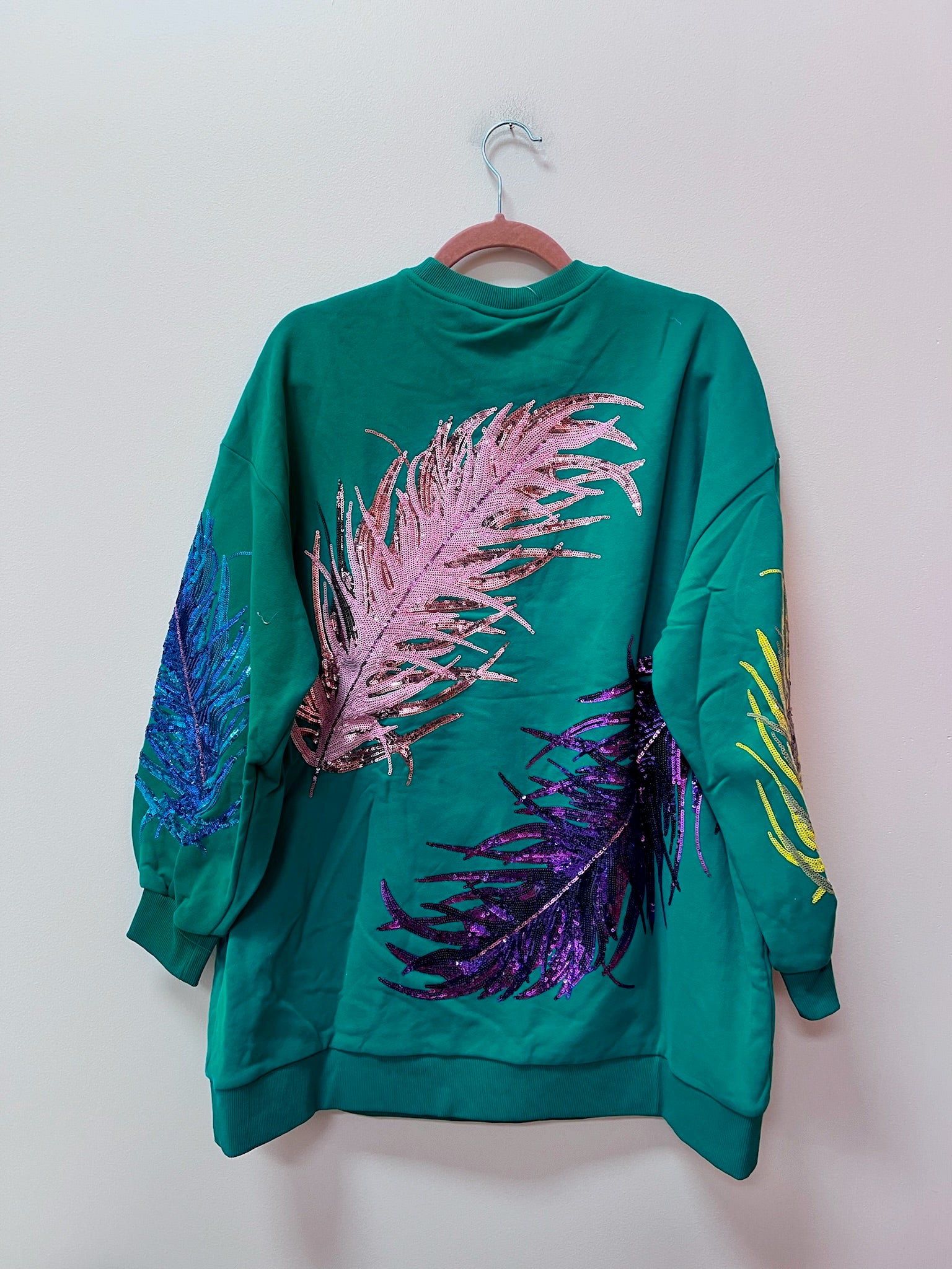 SAMPLE- GREEN MULTI FEATHER SWEATSHIRT DRESS