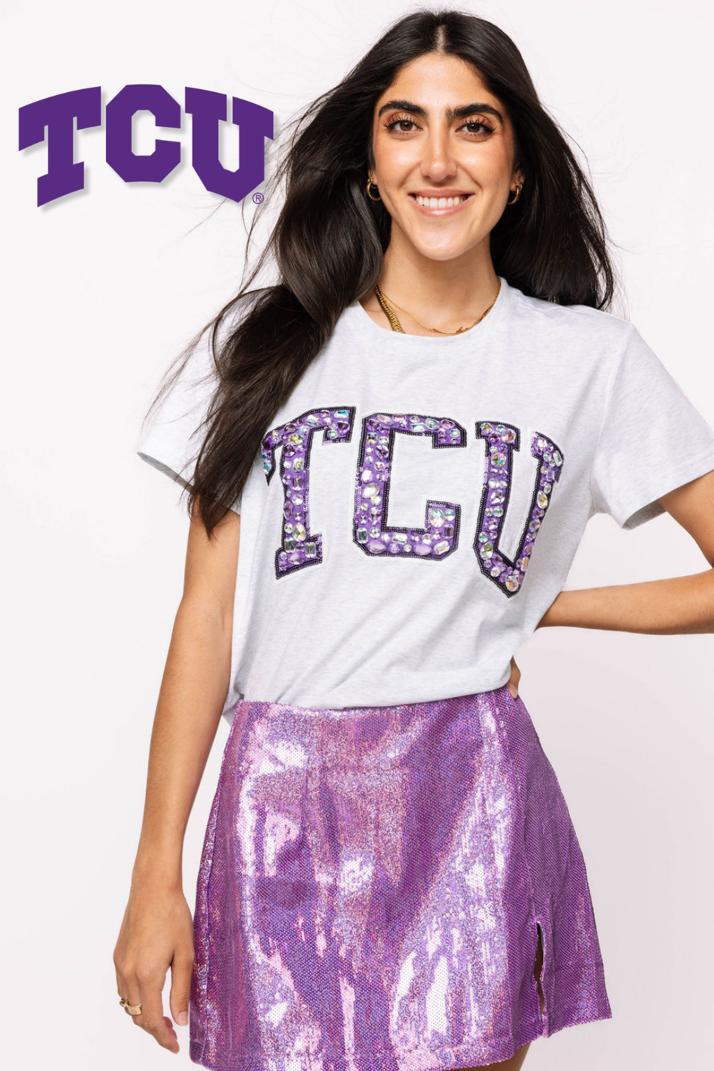 Licensed 'TCU' Grey with Multi Jewel Letter Tee