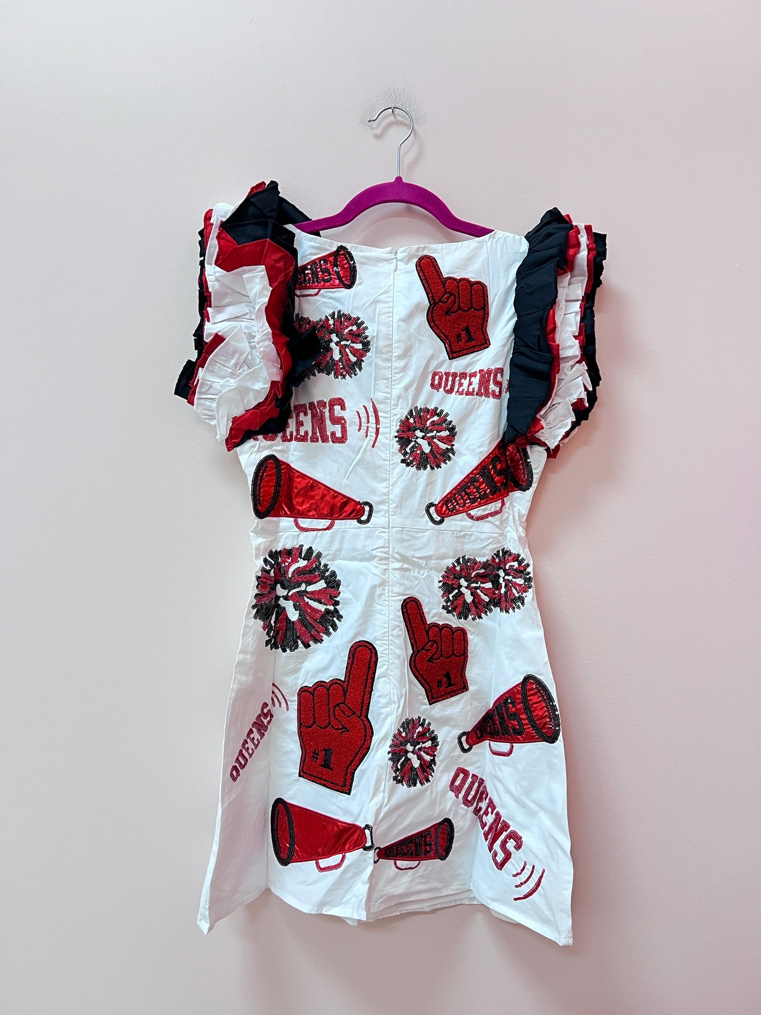 SAMPLE- WHITE, RED & BLACK CHEERS ICON RUFFLE DRESS