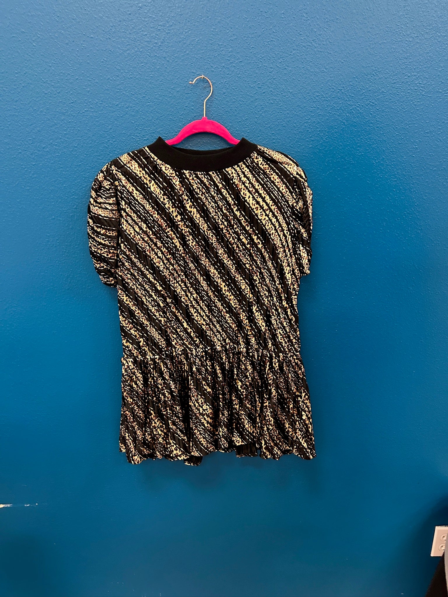 SAMPLE Black Satin Leopard Stripe Poof Sleeve Dress