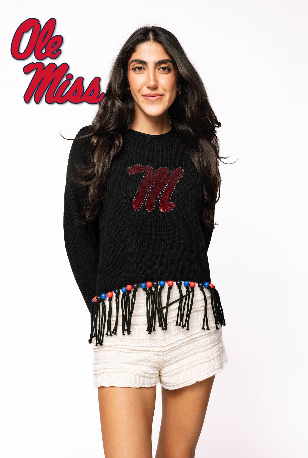 Licensed Sample - Ole Miss Fringe Bead LS Sweater